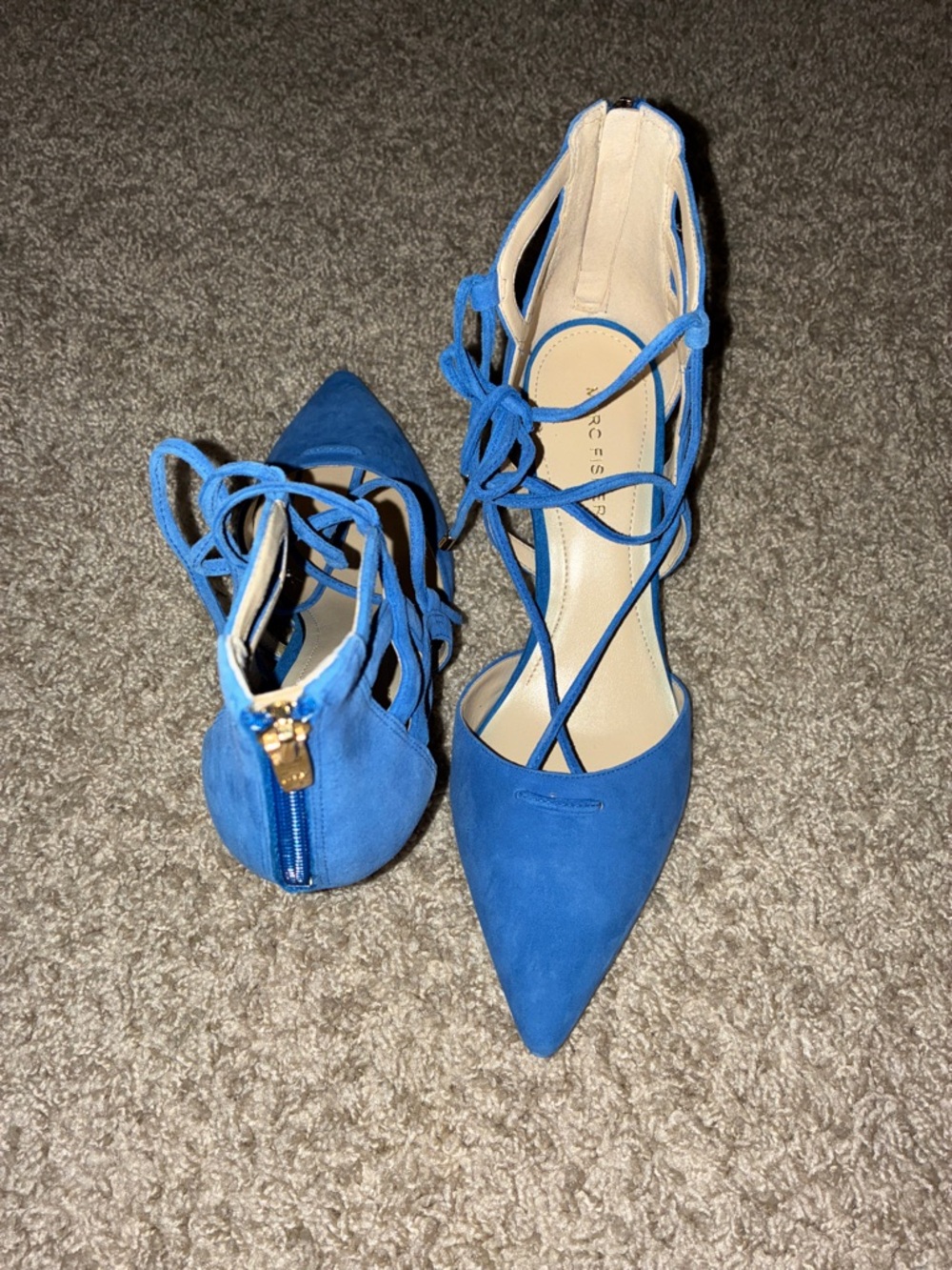 Marc Fisher Bright Blue Pointed-Toe Lace-Up Heels